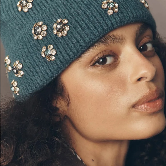 Anthropologie New One Size Embellished Teal Beanie - Picture 2 of 6